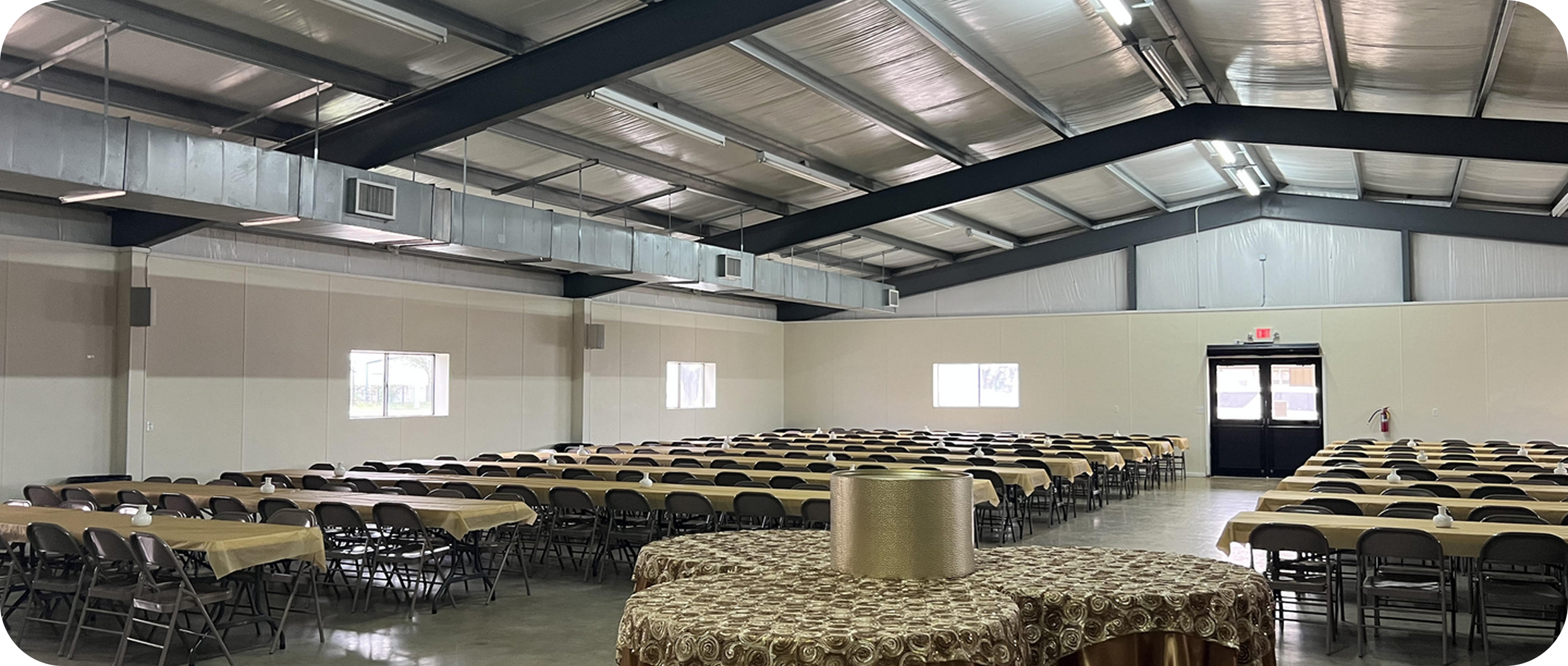 Large event hall with arranged tables